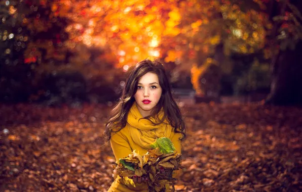 Leaves, girl, nature, bokeh, portrait of autumn