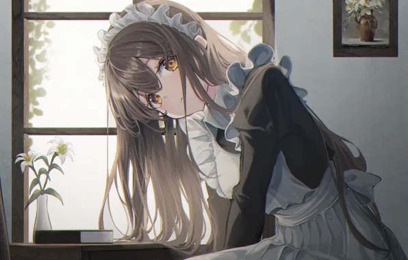 Picture, book, the maid, a bunch, apron, window, ruffles, bezel