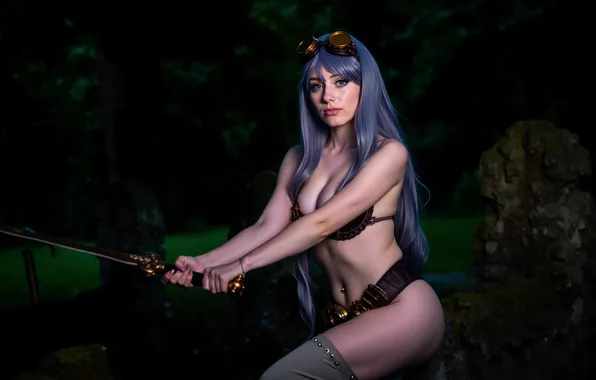 Picture sword, fantasy, photography, woman, night, purple eyes, cosplay, digital art