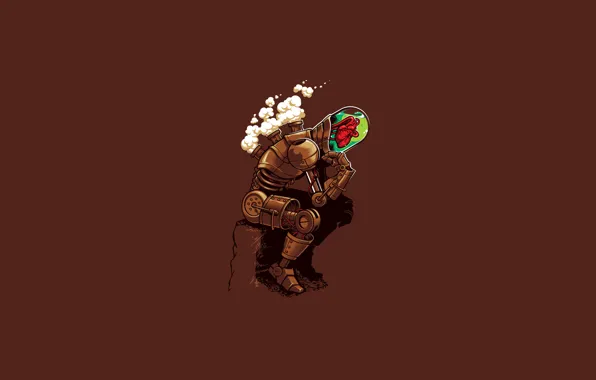 Heart, mechanism, robot, being, steampunk, sitting, brown background, reflections