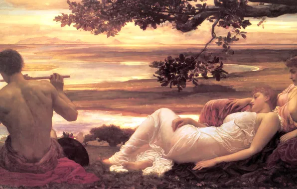 Women, river, tree, male, flute, antique, Idyll, Frederic Leighton