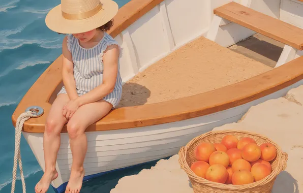 Sea, light, stones, shore, boat, apples, child, girl