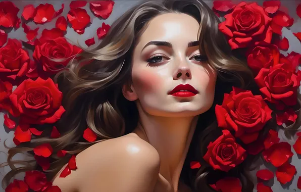 Look, girl, flowers, figure, portrait, roses, bouquet, picture