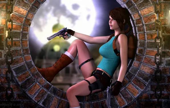 Picture girl, face, weapons, guns, Mike, chain, sitting, Lara Croft