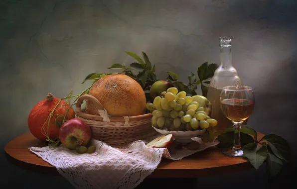 Wine, Apple, grapes, pumpkin, still life, melon