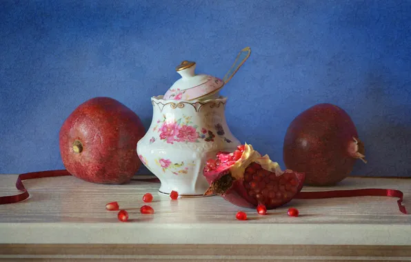 Tape, dishes, shelf, still life, grain, the fruit, garnet, sugar bowl