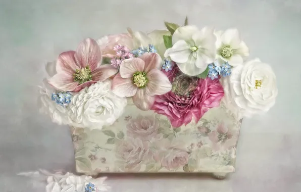 Flowers, red, blue, bouquet, petals, art, pot, pink