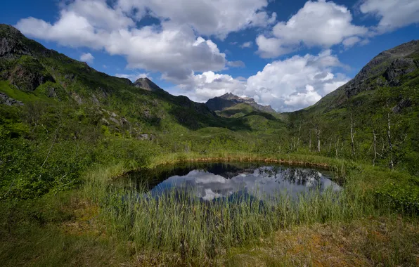 Picture mountains, lake, Norway, The Lofoten Islands