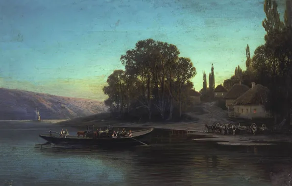 River, boat, oil, crossing, canvas, Petr Sukhodolsky, Night Landscape