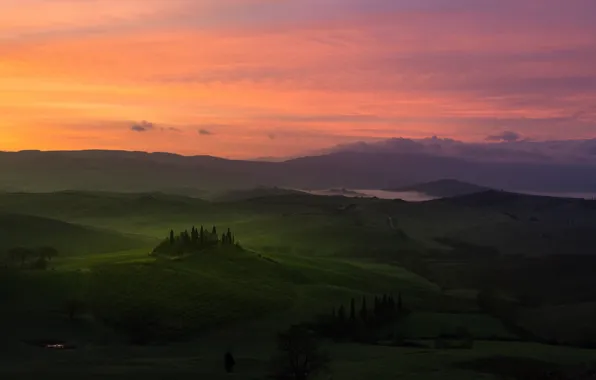 Road, field, summer, the sky, clouds, trees, mountains, fog
