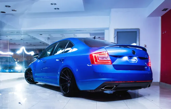 Blue, Stance, Skoda, Rear, Octavia RS, Skoda Octavia RS, Black Wheels, Skoda Octavia