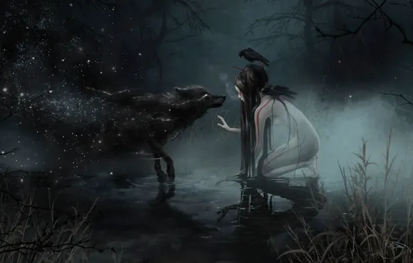 Picture swamp, wolf, witch, werewolf, undead, wolf, witch, dark forest