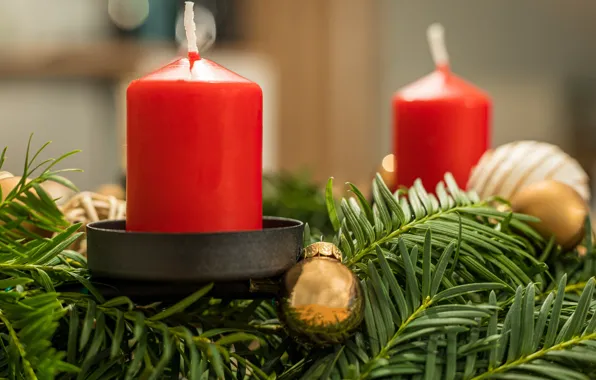 Winter, balls, branches, holiday, balls, candle, candles, Christmas