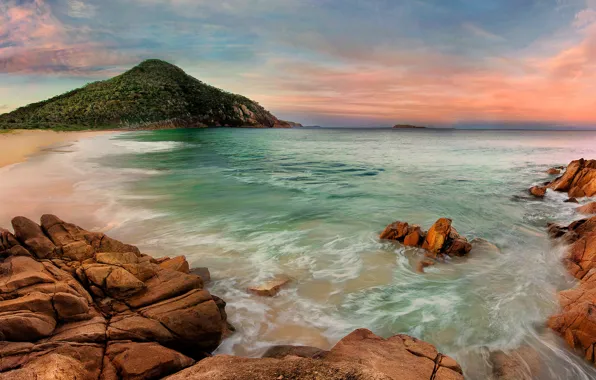 Sea, beach, the sky, mountains, stones, rocks, coast, horizon