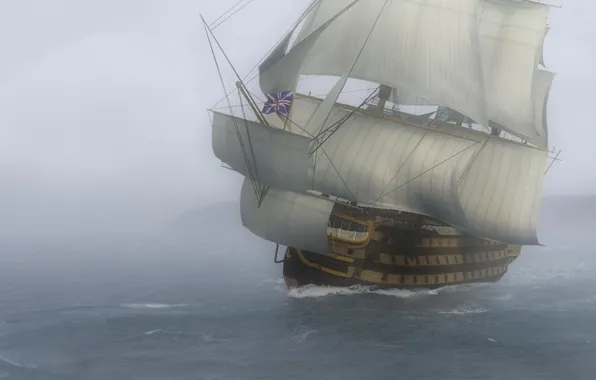 Sea, wave, fog, graphics, art, ship of the line, Navy, &quot;Victoria&quot;
