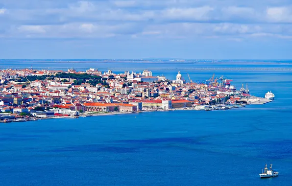Sea, landscape, ship, home, Portugal, Lisbon