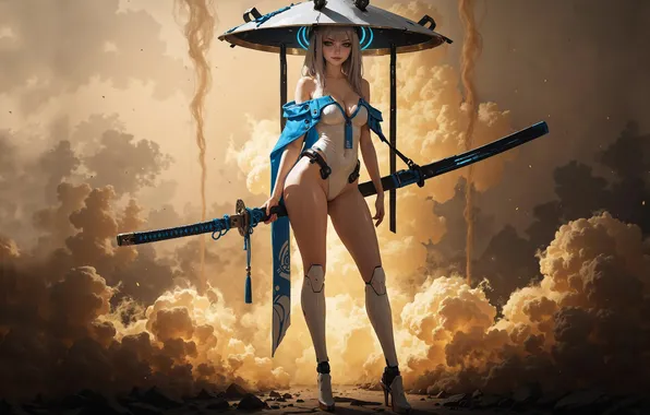 Clouds, sword, fantasy, girl art