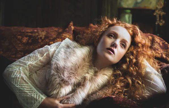 Girl, face, pose, fur, red, curls, redhead