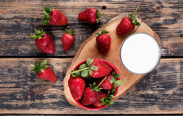 Glass, berries, table, Board, milk, strawberry, bowl, placer