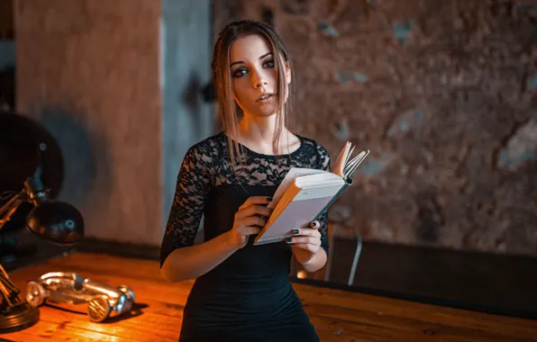 Picture look, pose, table, model, lamp, portrait, makeup, dress