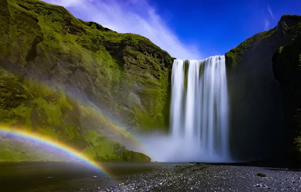 The sky, the sun, rock, stream, stones, waterfall, moss, rainbow