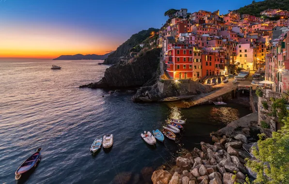 Picture sea, landscape, sunset, stones, rocks, shore, home, boats