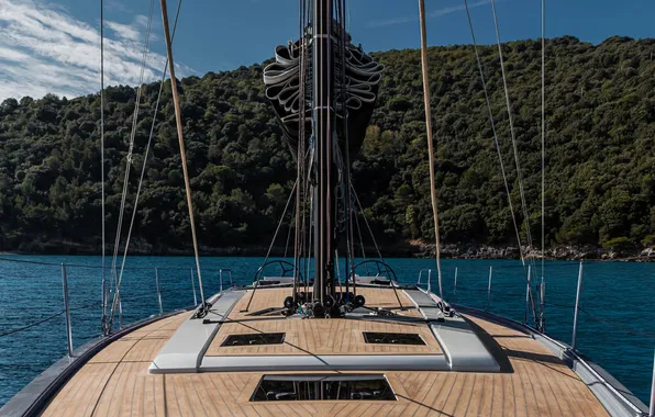 Sea, coast, yacht, mast, rigging, cockpit, at anchor, sea romance