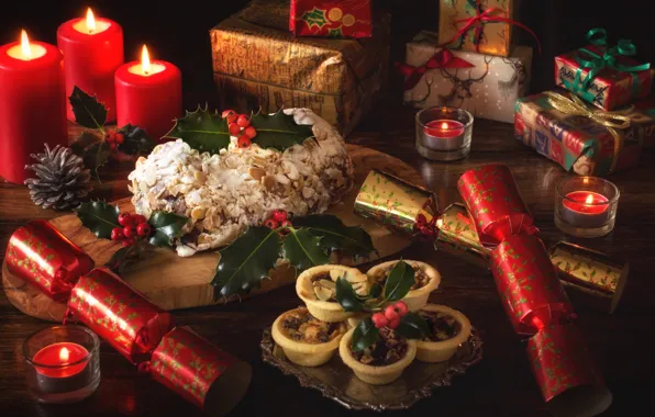 Wallpaper holiday, gift, candles, pie, cake, bumps, Holly