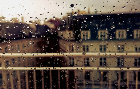 Autumn, glass, drops, the city, rain, window, wet