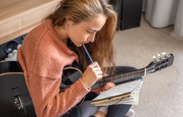 Music, play, girl, guitar, home, learning, teenage, composing