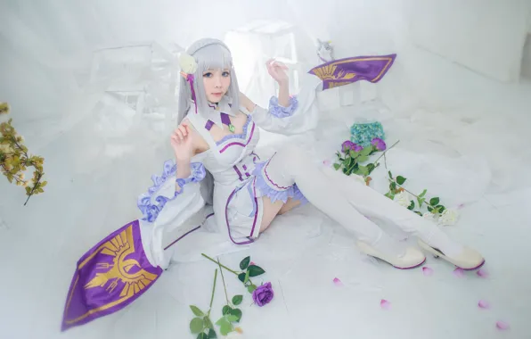 White, purple, chest, look, girl, flowers, face, pose