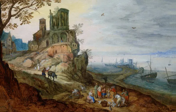 Castle, picture, Jan Brueghel the younger, Port Landscape with Ruins
