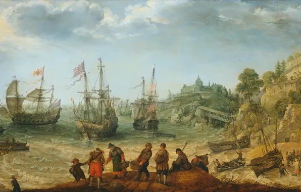 Picture oil, picture, 1621, Adam Willaerts, Ships at the Rocky Shore, Adam Willarts