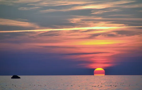 Sea, the sky, the sun, clouds, sunset, horizon