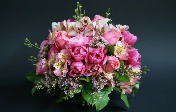Roses, bouquet, tulips, orchids, beautiful, Roses, Tulips, Alstroemeria
