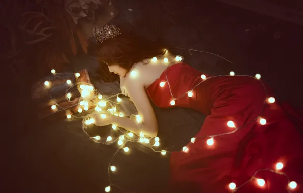 Girl, lights, dress, lies, garland