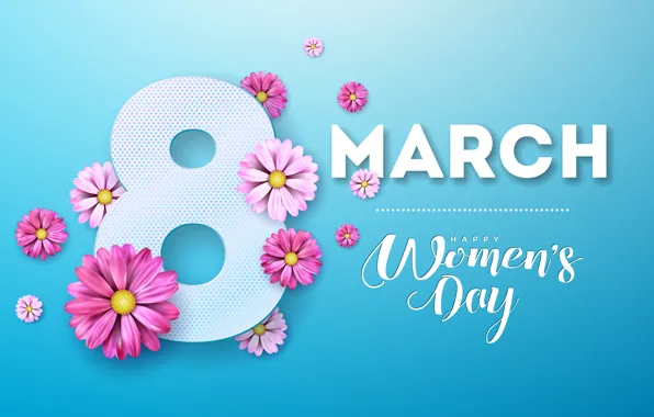 Flowers, pink, happy, March 8, pink, flowers, blue background, women's day