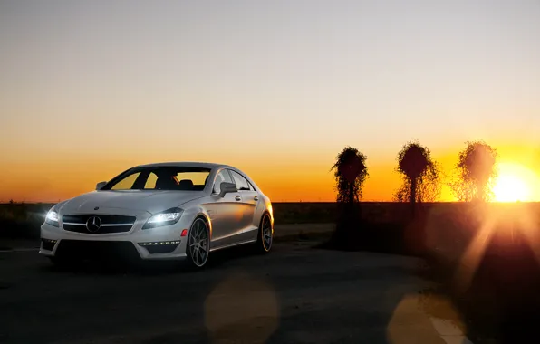 Picture white, the sky, the sun, sunset, Mercedes-Benz, white, Blik, AMG