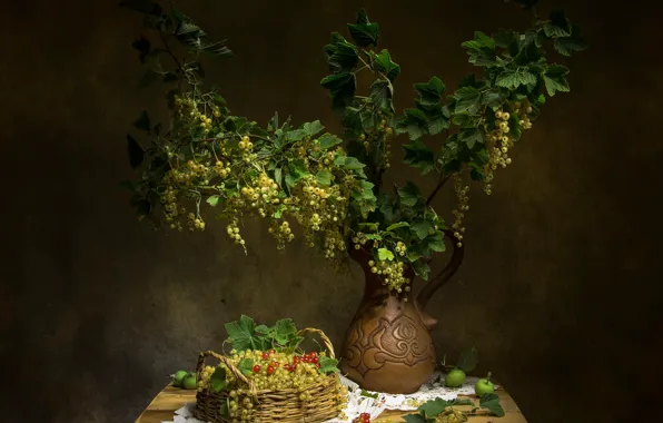Branches, berries, table, apples, bouquet, white, pitcher, still life