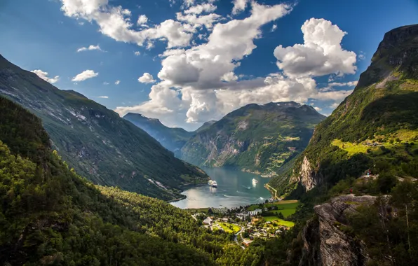 Picture the sky, clouds, trees, mountains, rocks, ships, valley, Norway