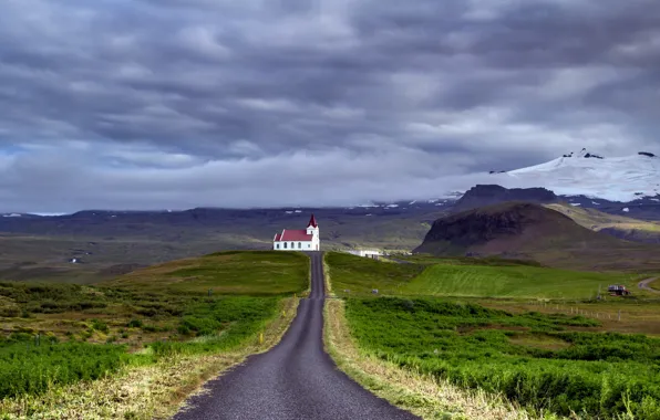 Road, field, landscape, temple