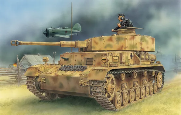 The plane, figure, village, -16, the Wehrmacht, Panzer 4, medium tank, Panzerkampfwagen IV