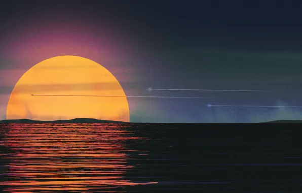 Sunset, The ocean, Sea, Music, Style, Background, 80s, Sun
