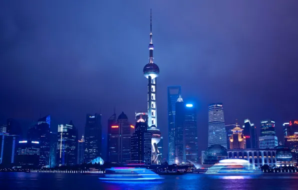 The sky, clouds, night, lights, river, China, tower, home