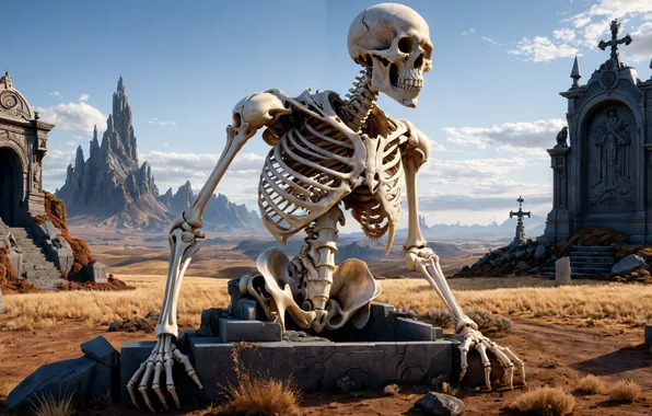 Mountains, desert, skeleton