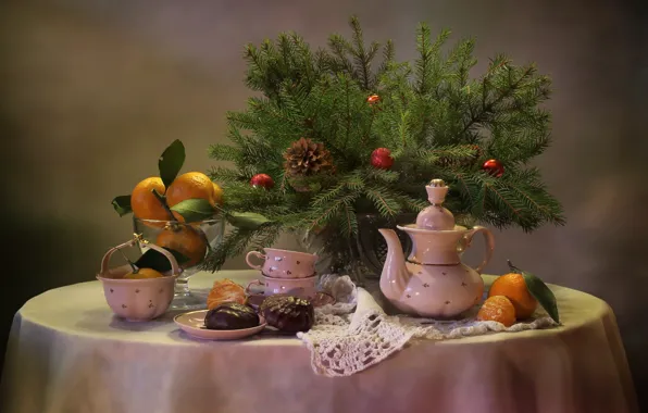 Picture branches, table, holiday, toys, new year, spruce, kettle, Cup