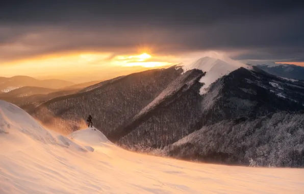 Picture winter, forest, the sun, clouds, light, snow, mountains, clouds