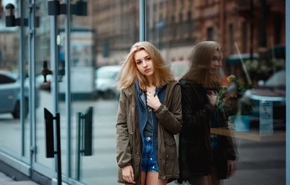 Girl, glass, shorts, long hair, legs, photo, blue eyes, model