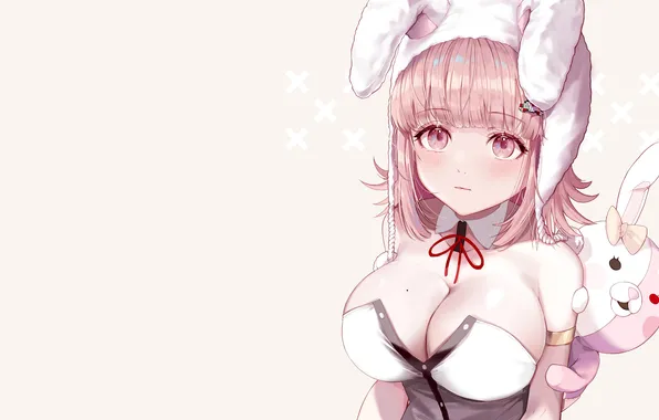 Girl, sexy, cleavage, pink hair, long hair, boobs, animal ears, anime