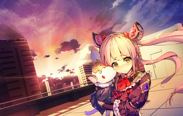 The evening, The city, Background, Roof, Anime, Landscape, Photoshop, Cutie